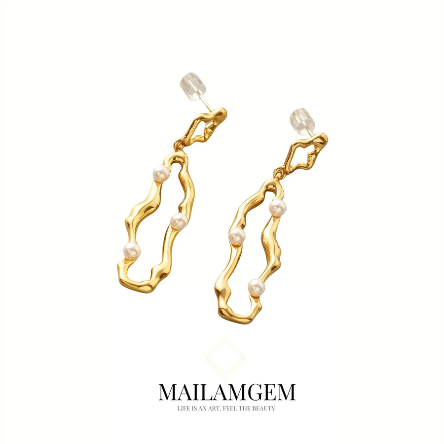 Gold Irregular Pearl Drop Earrings - MAILAMGEM